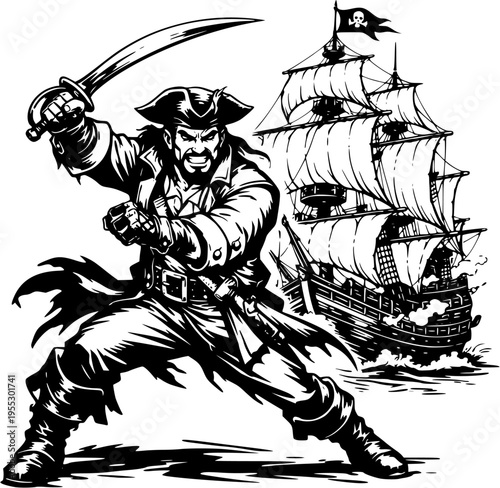 Pirate Warrior With Sailing Ship Sea Adventure Black and White Vector