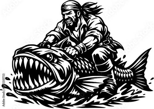 Pirate Riding Sea Monster Fish Fantasy Adventure Black and White Vector