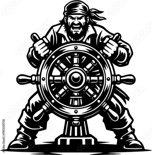 Pirate Captain Holding Ship Wheel Helm Mascot Black and White Vector