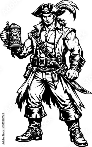 Pirate Drinking Beer Mug Buccaneer Character Black and White Vector