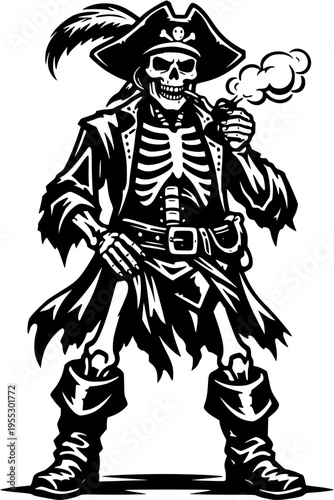 Skeleton Pirate Undead Buccaneer Character Black and White Vector
