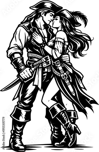 Female Pirate Torso Character Detailed Buccaneer Black and White Vector