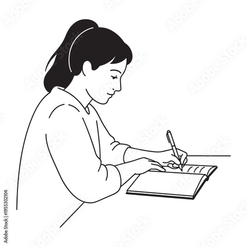 Young professional woman writing notes on laptop in bright home office setting