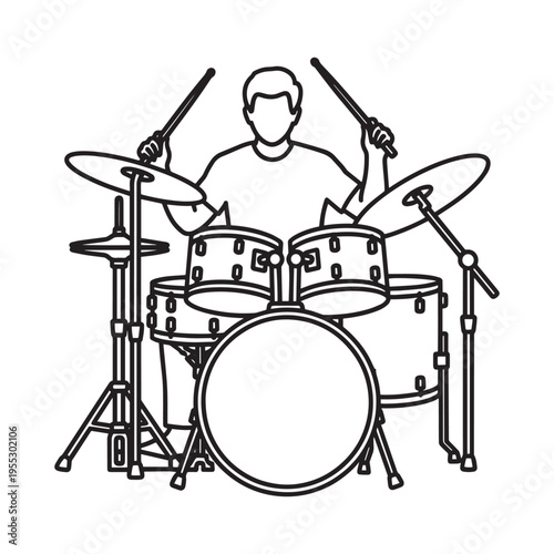 cartoon drummer playing a full drum set in black and white line art illustration