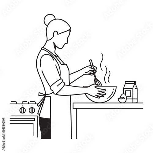 Female chef cooking in modern kitchen preparing healthy meal with fresh ingredients