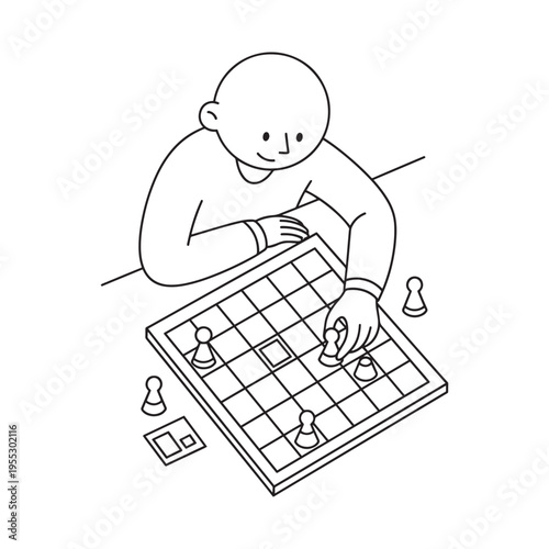 cute baby playing chess with wooden pieces on grid board