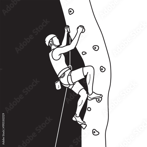 silhouette of rock climber ascending indoor climbing wall with chalk holds in dramatic lighting