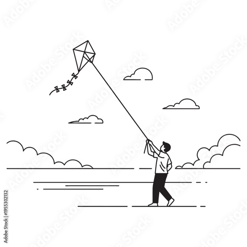 Man flying kite on sunny day with geometric diamond shape and clouds illustration