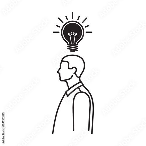 Creative idea concept with human head and glowing lightbulb above thinking silhouette