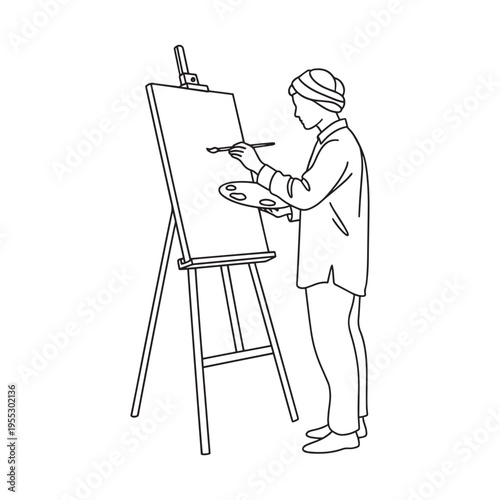 Artist sketching on canvas at wooden easel in bright studio environment