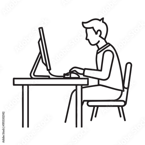 Young professional man working on vintage computer at wooden desk in office