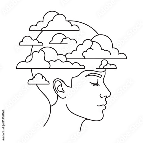line art profile of human head with chaotic cloud thoughts and ideas illustration