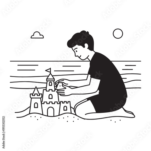 Child building sandcastle by the beach in black and white line art illustration