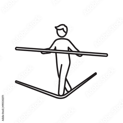 man balancing on tightrope with arms outstretched in minimalist line art illustration
