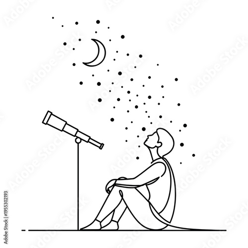 astronomer observing crescent moon with telescope during stargazing session