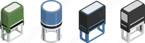 Self inking office stampers illustration set, rubber stamp devices collection, business stationery tools, document approval equipment vector