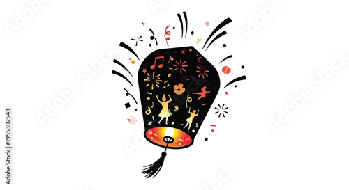 Stylized sky lantern ascends with internal silhouette cutouts depicting dancing.