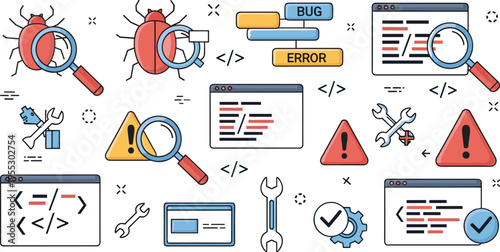 Software bug fixing and debugging process icons with code error warning magnifier developer tools programming vector illustration set