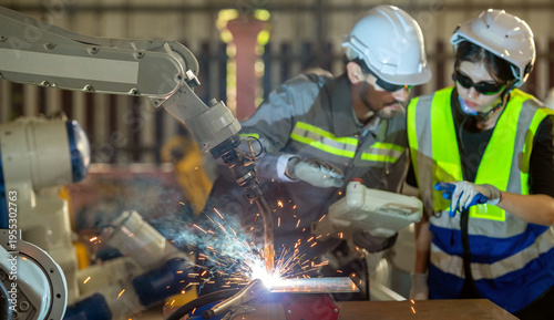 Engineer control robot arm machine welding steel, worker using forcing welding control screen which for precision welding control. Worker control automation welding robot in hi tech heavy factory