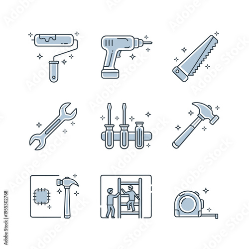 Collection of Hand Tools and DIY Equipment Icons.
