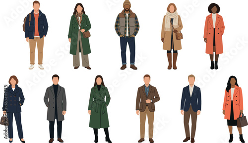 Diverse group of fashionable people wearing autumn and winter outfits, stylish seasonal outdoor clothing, trendy vector illustration set
