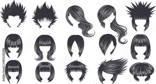 Trendy hairstyle silhouette collection with short long spiky bob bangs layered hair fashion salon style vector illustration set