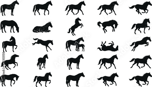 Black horse silhouettes set featuring various poses including running, jumping, walking, rearing, grazing, and mare with foal vector illustration