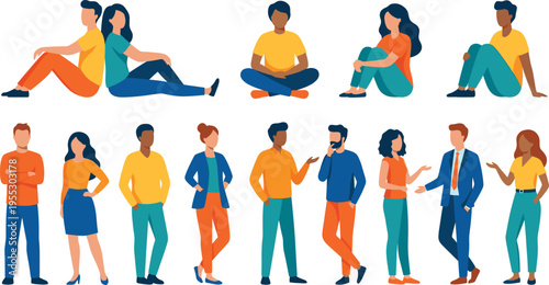 Flat vector characters set with diverse people standing and sitting in different poses, casual men and women isolated, people