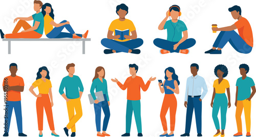 Collection of diverse flat vector characters sitting on bench, reading, listening to music, and standing in various casual poses