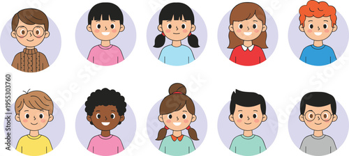 Diverse Set of Ten Cute Cartoon Avatar Avatars Featuring Multiethnic Boys and Girls with Different Hairstyles and Outfits for Web Profiles and Education