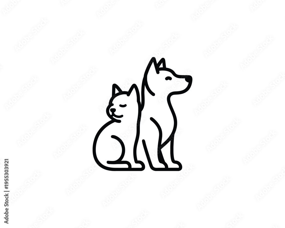 Fototapeta premium Cat and Dog Sitting Together Minimalist Outline Illustration Simple Line Art