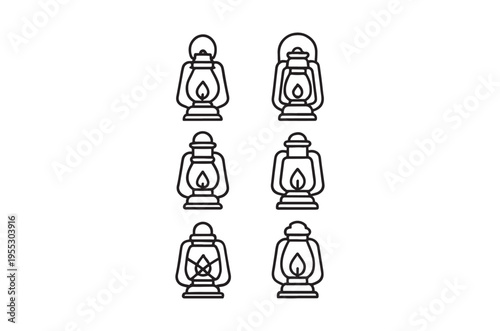 Simple line art illustration of six vintage kerosene lanterns