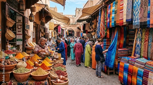Vibrant Moroccan market scene with colorful fabrics and spices on display