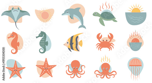 Collection of Marine Life Illustrations with Watercolor Accents.
