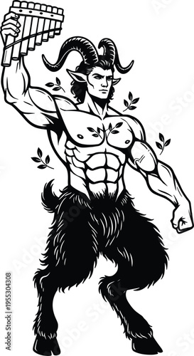 Faun satyr mythological illustration, fantasy creature artwork design, cultural vector motif, bold graphic icon, black white mythology symbol
