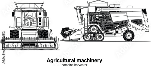 Combine harvester technical drawing, agricultural machinery artwork design, farming vector motif, bold graphic icon, black white engineering symbol
