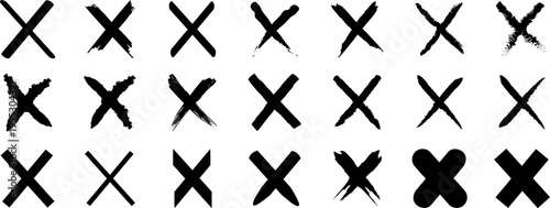 Black hand drawn cross mark silhouette set, x icons with brush stroke and grunge texture for rejection