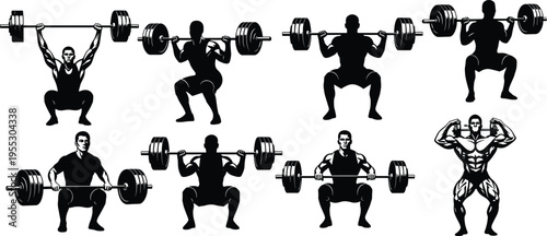 Weightlifting bodybuilding illustration set, fitness workout artwork design, strength training vector motif, bold graphic icon, black white gym symbol