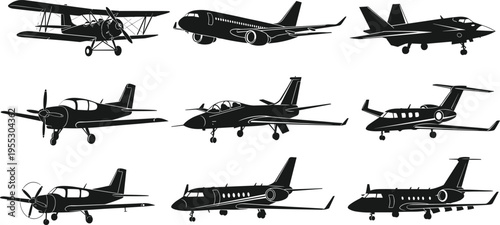 Airplane silhouette illustration set, aviation aircraft artwork design, flight vector motif, bold graphic icon, black white plane symbol