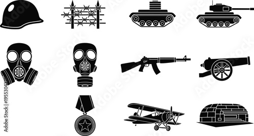 Black and white vector icon set of military and historical war equipment featuring tanks, gas masks, biplanes, cannons, helmets, and barbed wire for heritage designs.