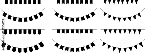 Black silhouette of hanging bunting flags and festive garlands, party decoration element