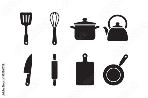 Black silhouette icons depicting various kitchen cooking utensils