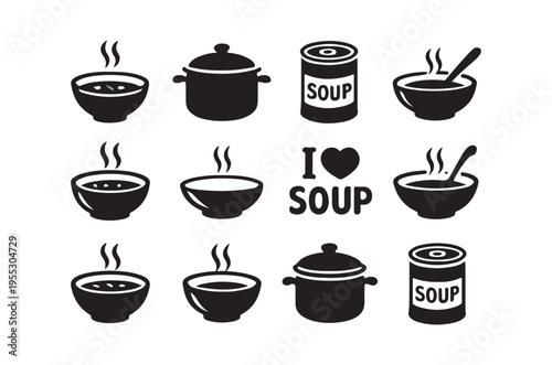 Black and white icons depicting various soup pots bowls and cans