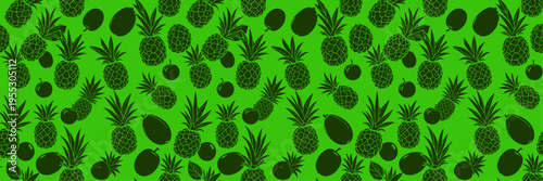 bright green tropical pineapple mango seamless pattern with dark green fruit illustration bold high contrast summer textile surface design exotic repeating motif