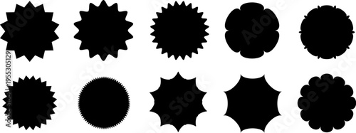 Set of black starburst and burst shapes for price tags or icons, sunburst silhouette collection