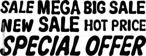 Silhouette of comic sale text labels, mega big sale hot price special offer black icons