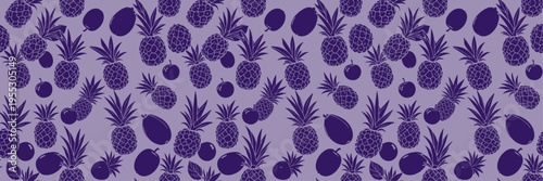 purple tropical pineapple mango seamless pattern with dark purple fruit illustration bold summer textile surface design exotic repeating motif