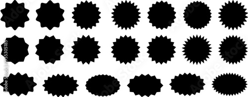 Solid black starburst and sunburst shapes, promotion price tags and stickers
