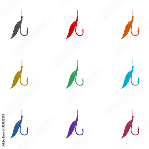 Fishing hook with feather  icon isolated on white background. Set icons colorful