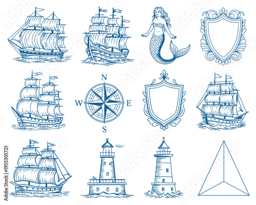 Decorative elements for old geographical map design, including ancient caravel, sea monsters, lighthouse, compass meter, wind rose, cartouche, and vintage frames for inscriptions